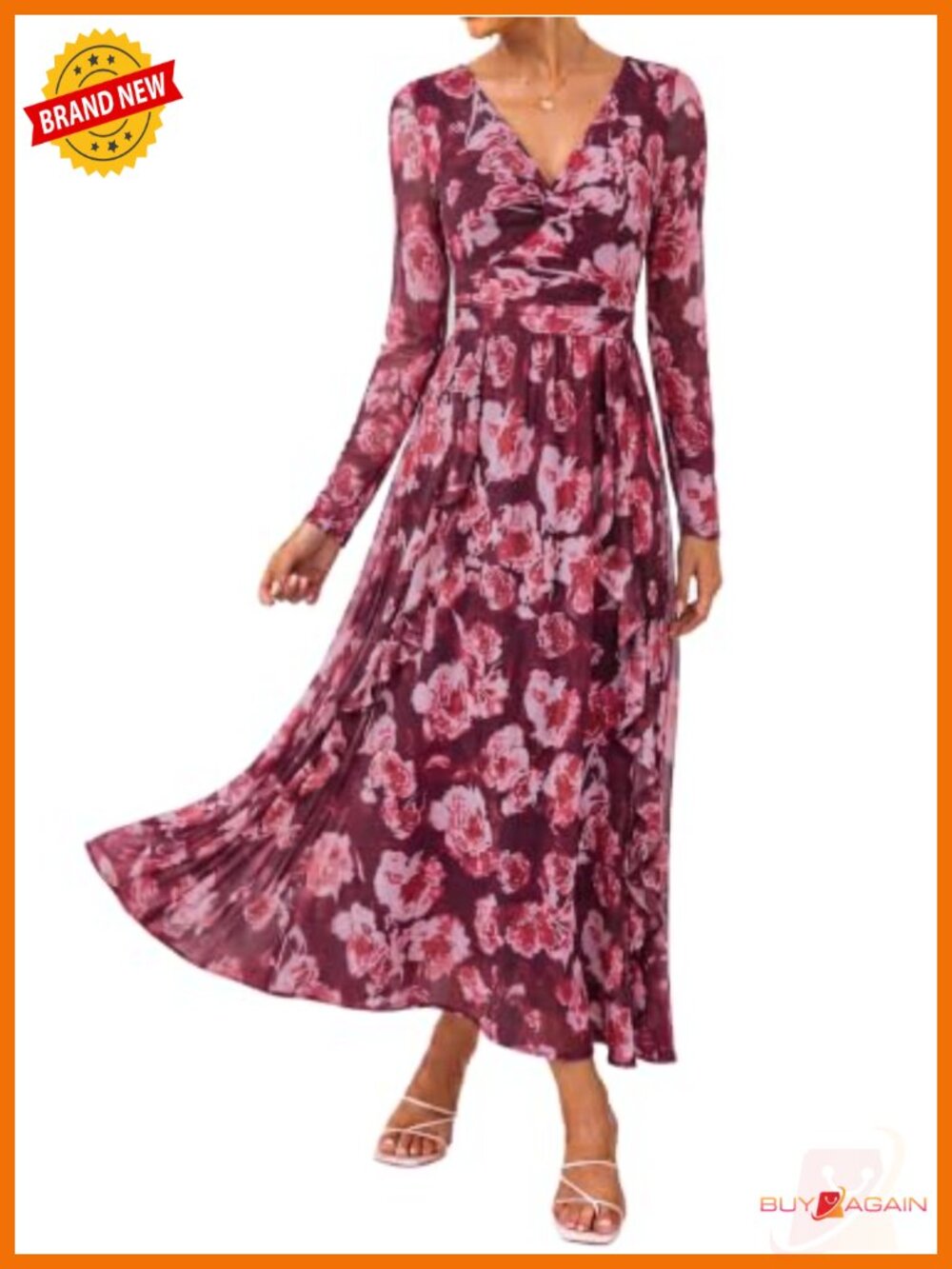 Women's Long Sleeve Floral Mesh Maxi Dress V-Neck Twist Front Formal